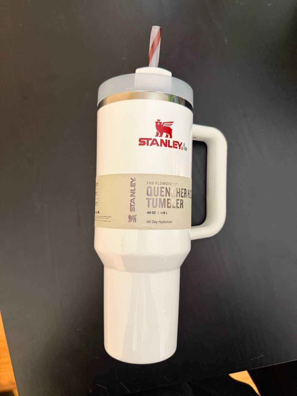 Stanley White Quencher Tumbler with Handle and Striped Straw